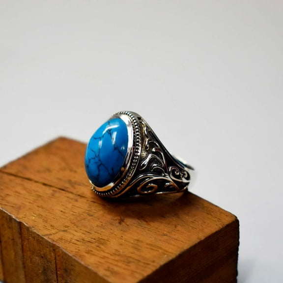 Handmade Turquoise Ottoman Ring: 925 Sterling Silver Vintage Statement