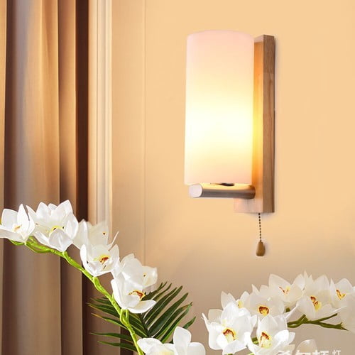 Modern Glass Wooden Wall Lamp Bedroom Sconces Light Fixture Decor &Pull Switch