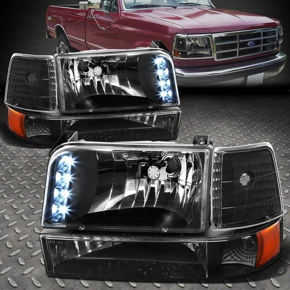 NUVISION for 92-96 Ford F150 F250 F350 LED DRL Black Housing Amber Corner Headlight Lamps