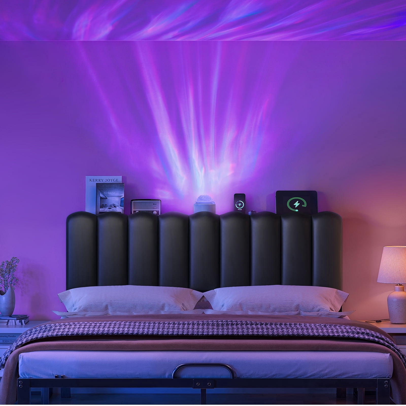Pinmoco Upholstered Headboard with Storage Space and Charging Station for Full Size Bed, Galaxy Aurora Star Projector, Black PU Leather, Easy Assembly