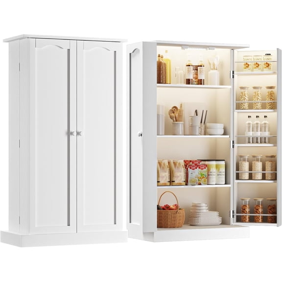 50" LED Kitchen Pantry Cabinet, 3 Adjustable Shelves & 2 Doors, Wood Storage Cabinet with Handle for Kitchen, Living Room, Dining Room, White