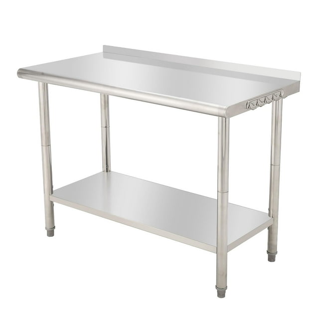 BeesClover Table en Acier Inoxydable pour Préparation et Travail avec Dosseret, Table de Cuisine Robuste avec Tablette et Pied Réglables pour Restaurant, Maison et Hôtel