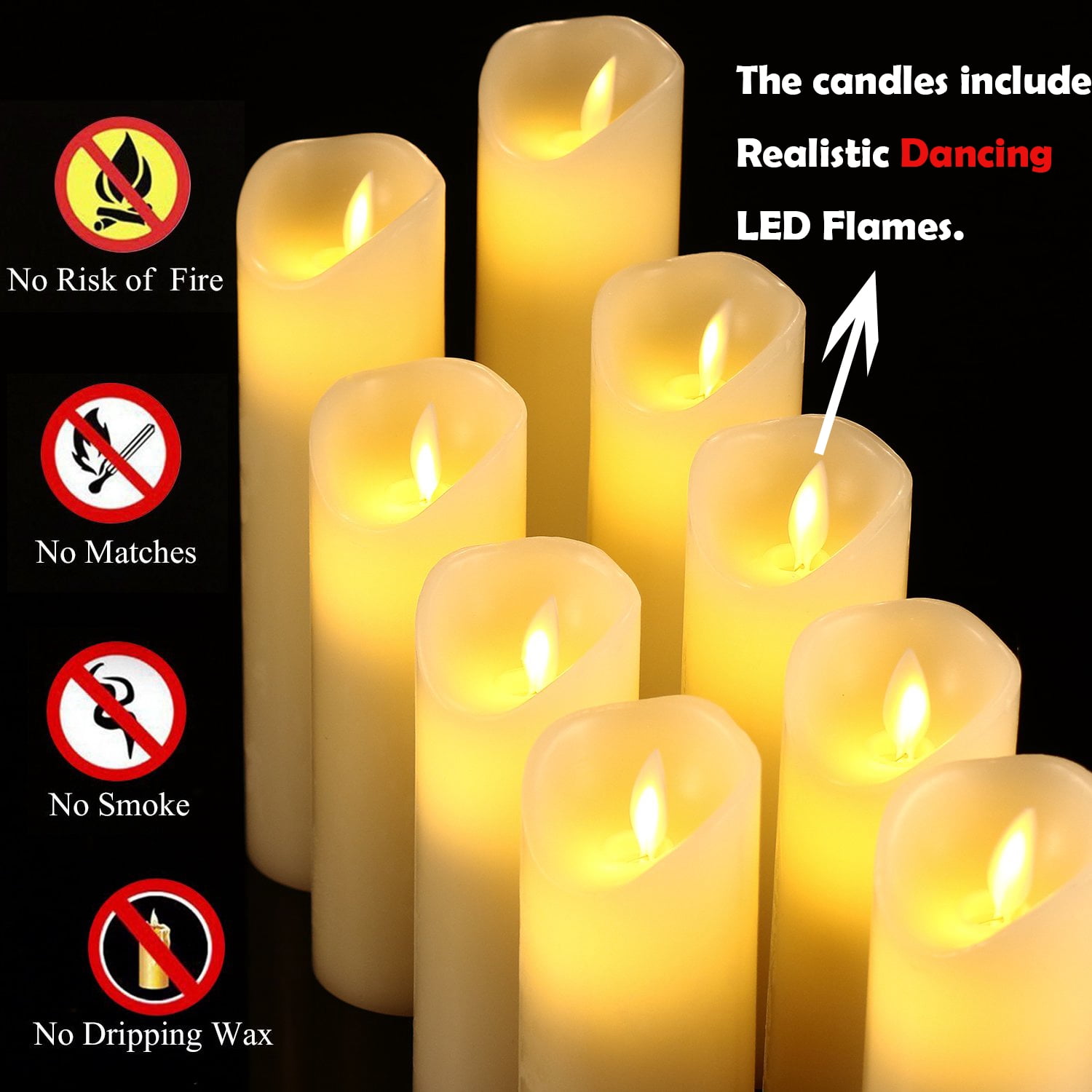 Flameless Flickering Battery Operated Candles 4" 5" 6" 7" 8" 9" Set of 9 Ivory Real Wax Pillar LED Candles with 10-Key Remote and Cycling 24 Hours Timer (Ivory)
