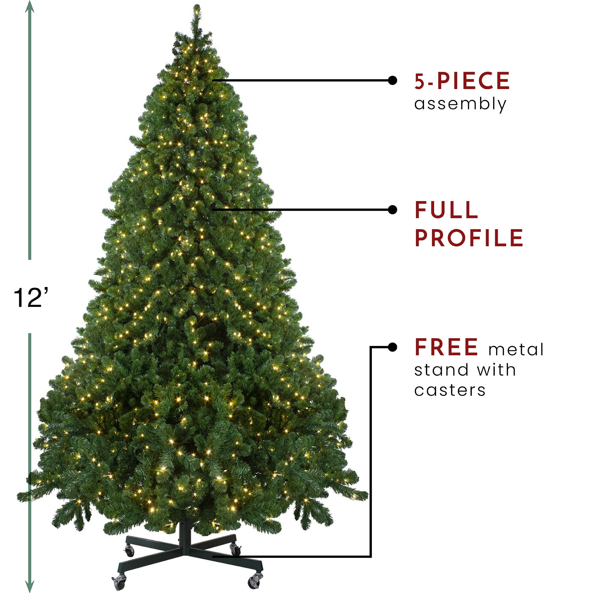 12' Pre-Lit Full Olympia Pine Artificial Christmas Tree with Wheels- Warm White LED Lights