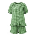 thumbnail image 3 of Vornjynx Kids Girls Outfit Sets Puff Sleeve Tops and Ruffle Hem Shorts Plaid Print 2026 Summer Comfort Clothes 2 Piece Green Size 3-4T, 3 of 9