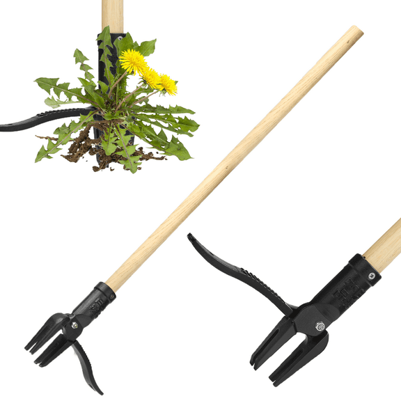 Stand up Weed Puller Tool Heavy Duty Weeding Tool with Long Wooden Handle and 4-Claw Steel Head