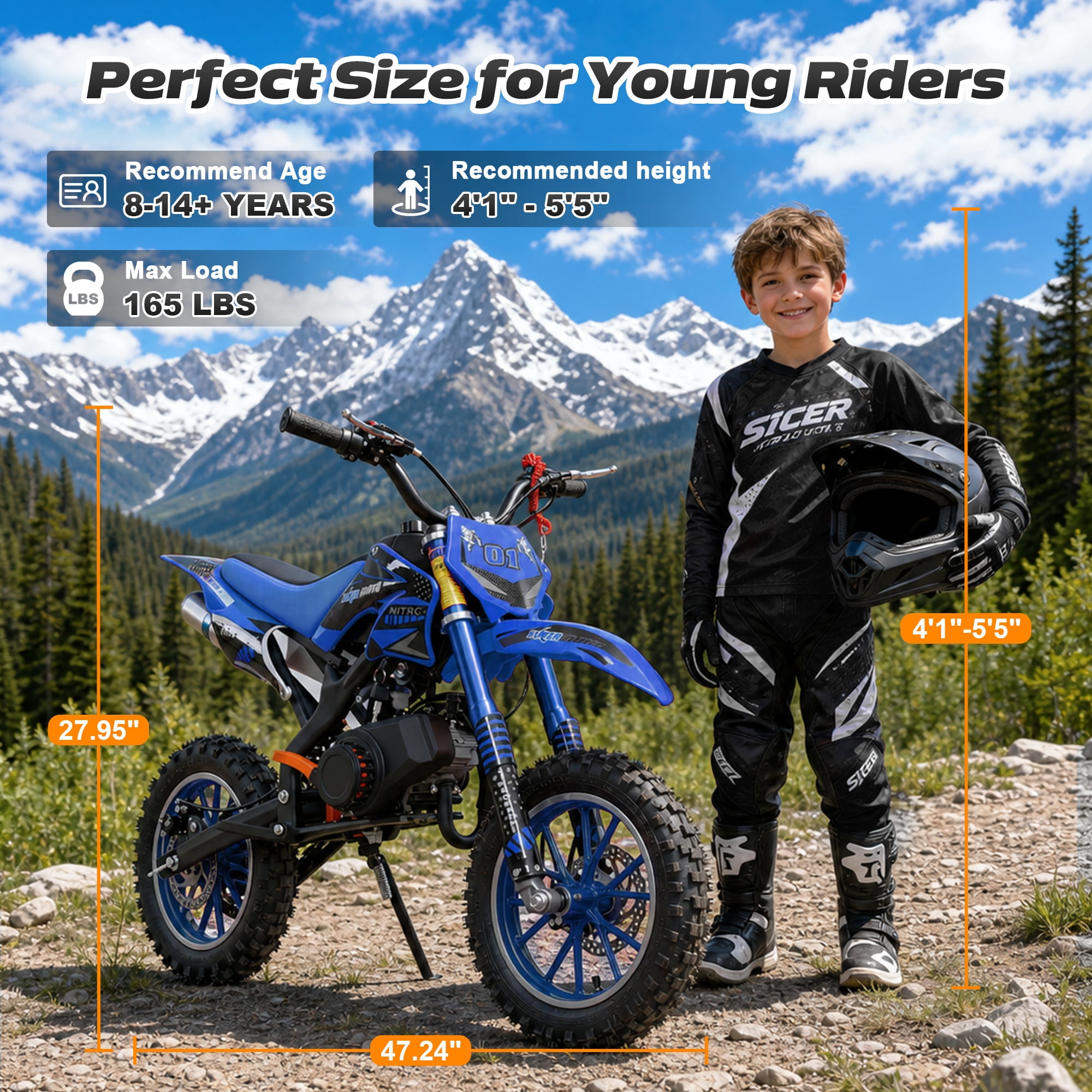 50cc Dirt Bike, 2 Stroke Gas Mini Bike for Kids 8-14 with Front Rear Disc Brakes, 10 Inch Off-Road Tires, Shock Absorption, Seat Height 23.6in, Max Speed 25mph, 2026 Upgraded, Red