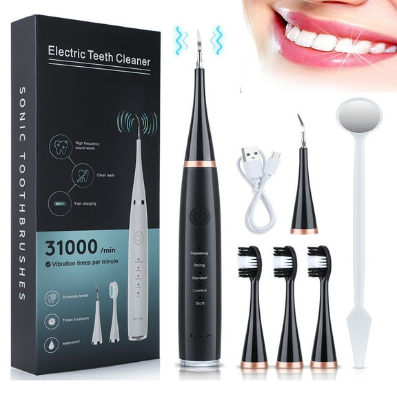 Sonic Electric Toothbrush Cleaning Kit Tooth Cleaner Artifact Flosser Cleaning Brush Head Dental Calculus Remover with 3 Replacement Brush Heads & Mouth Mirror,Black