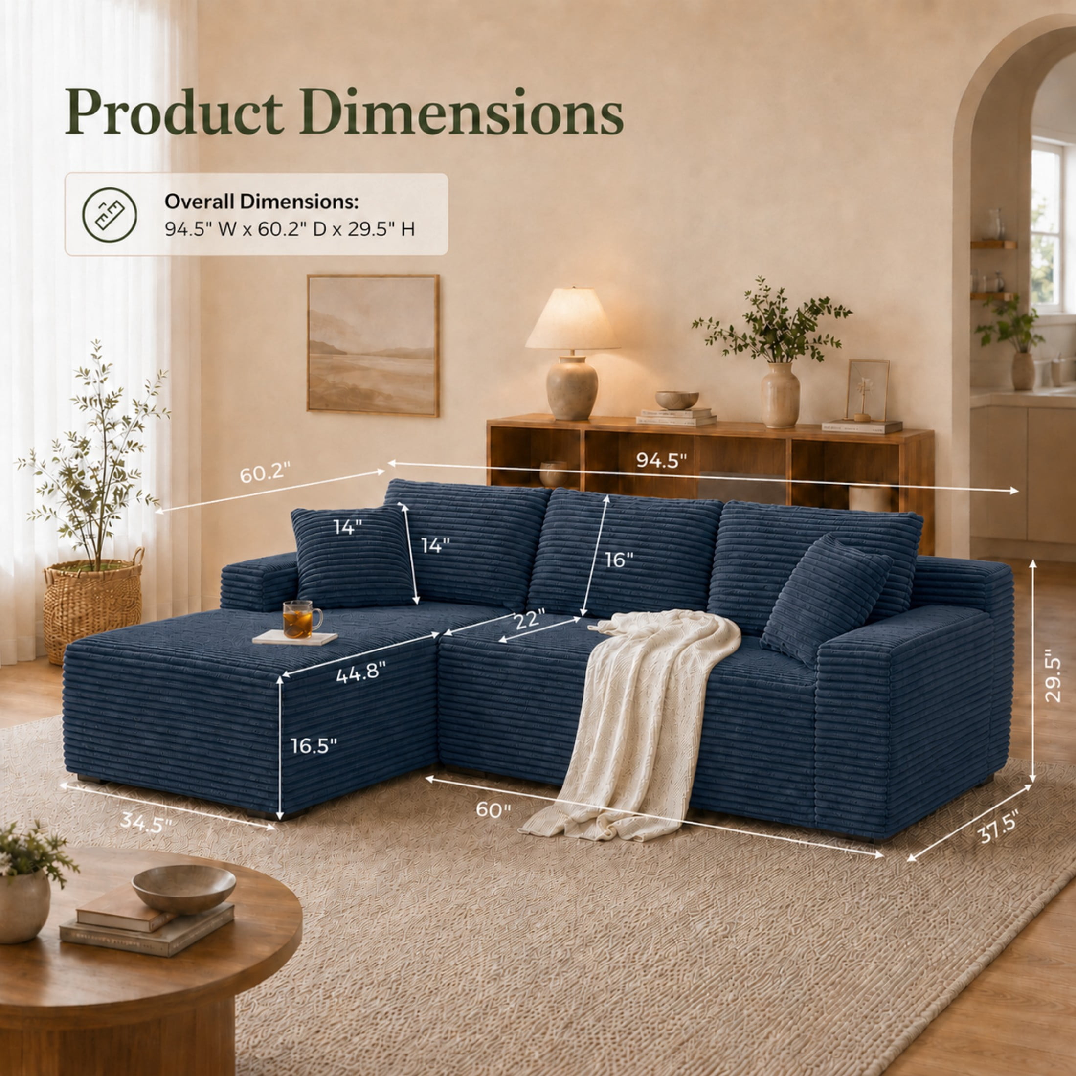 Aenkyo 106 Inch Corduroy L-Shaped Cloud Sectional Sofa with Reversible Chaise, Blue