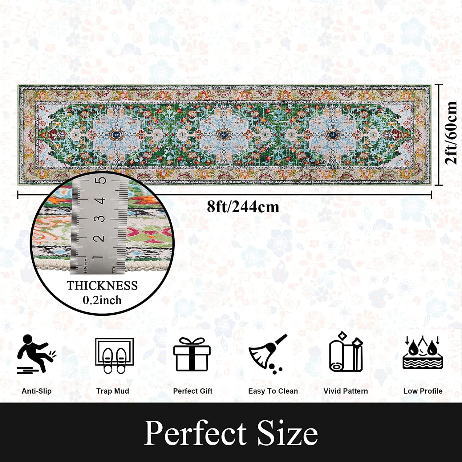 Findosom 2'x8' Vintage Boho Runner Rug Washable Non-slip Area Rug,Hallway Indoor Farmhouse Bedroom Kitchen Living Room Non Shedding Runner, Contemporary Low Plie Floor Carpet Doormat,Green