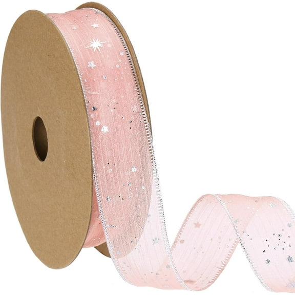 Organza Star Ribbon Wired, 1 Inch Wide 20 Yards Tree Print Sheer Glitter Ribbon for Gift Wrapping Garland Bouquet Ornaments Party Decorations (Orange)
