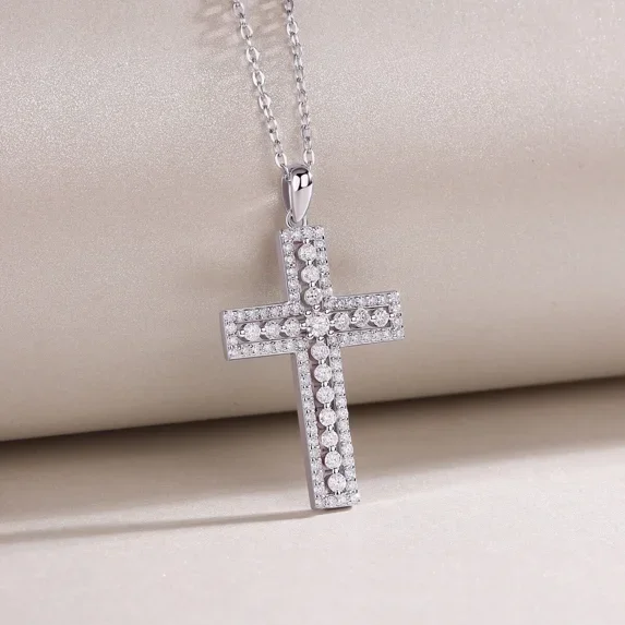 New Jewels 3Ct Round Cut Real Moissanite Womens Cross Pendant Necklace 14K White Gold Plated