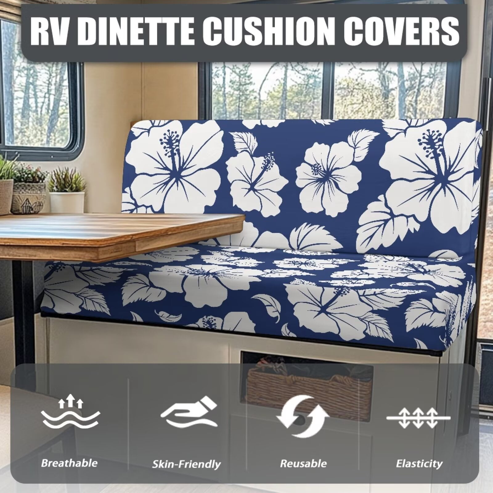 XYZCANDO Beautiful Hibiscus Pattern Geometric Pattern RV Dinette Cushion Covers Camper Accessories Universal Slip Covers for Loveseat Cushion Covers for Couches and Sofas Travel Trailer Accessories