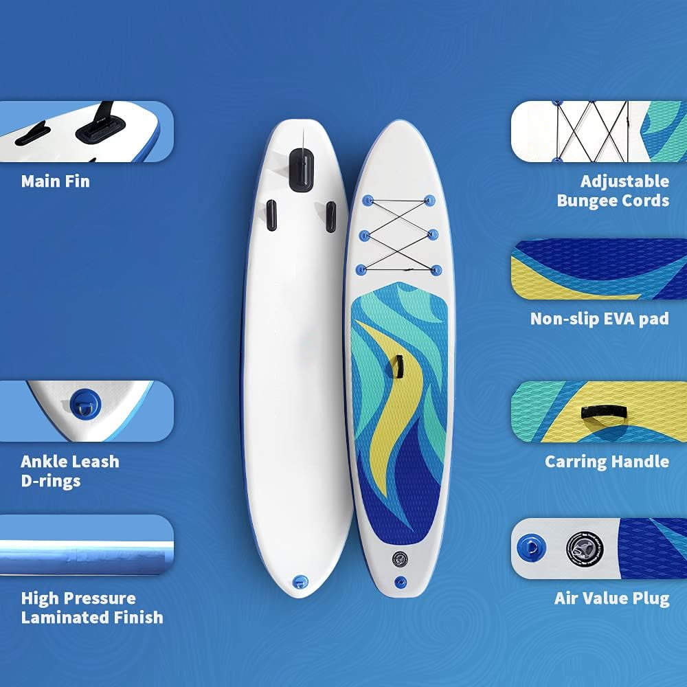 Syngar Inflatable Stand Up Paddle Board, Extra Wide Thick SUP Board with Premium Sup Accessories & Backpack, Non-Slip Deck, Leash, Adjustable Paddle, Hand Pump, Bottom Fin for Youth & Adult