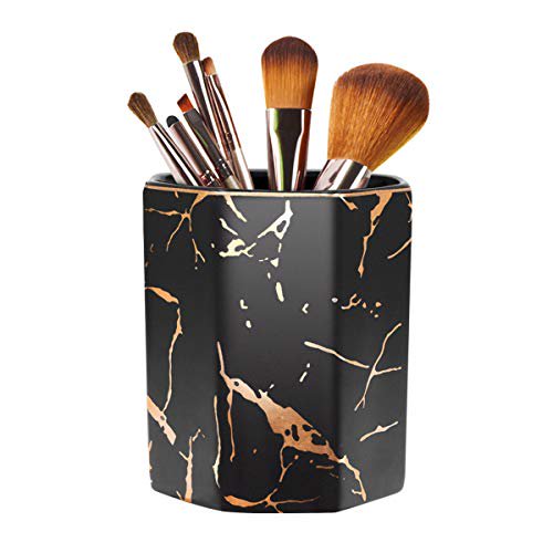 WAVEYU Porte-Stylo pour Bureau, Porte-Pinceaux de Maquillage, Support pour Bureau Motif Marbre Tasse à Crayons pour Enfants Organisateur de Bureau en Céramique Durable pour Bureau, Maison, Noir (Amélioration Grande Capacité)