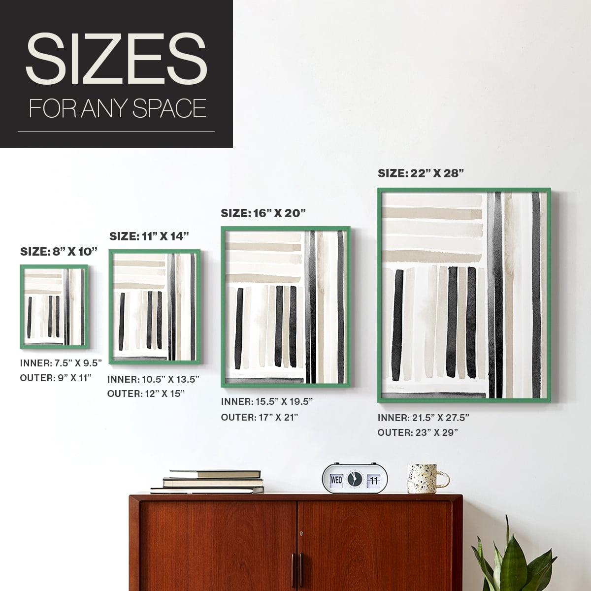 Neutral Lines I in Green Solid Wood 11 x 14 Framed Print