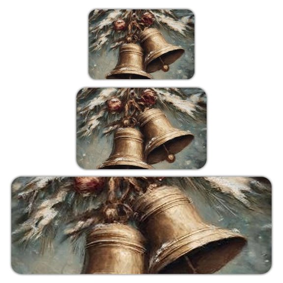 RKSupls Kitchen Rug Set 3 Piece Anti-Slip Flannel Floor Mats, Christmas Bells Snow Washable Absorbent Runner Mats for Kitchen Bathroom Home Decor