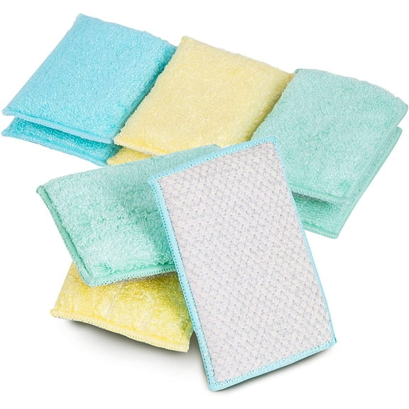 Non Scratch Scrub Sponge with Bamboo Odorless Rayon Fiber - Set of 9 - Ultra Absorbent - Soft and Scrubber Side - Cleaning, Dishes, and Hard Stains - Spring - Yellow, Mint, Blue