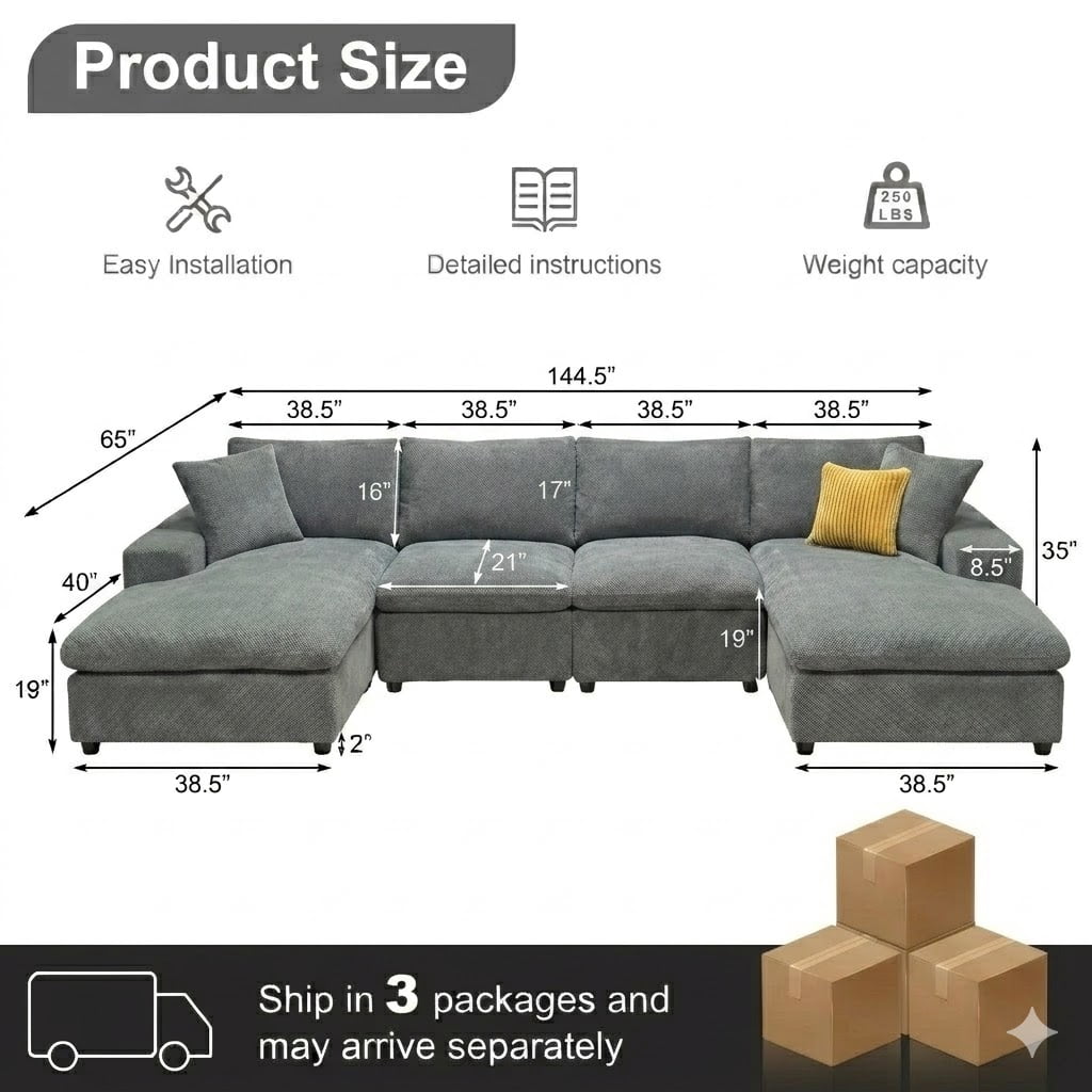 Howcool Cloud Couch Modular Sectional Sofa 6 Seat 144" U Shaped Convertible Couch Chenille Thick Cushion with 2 Storage Ottomans and Toss Pillows Washable Removable Cover for Living Room,Light Gray