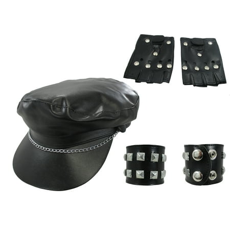 Retro Biker Black Studded Bracelet Cuffs Hat Faux Leather Accessory