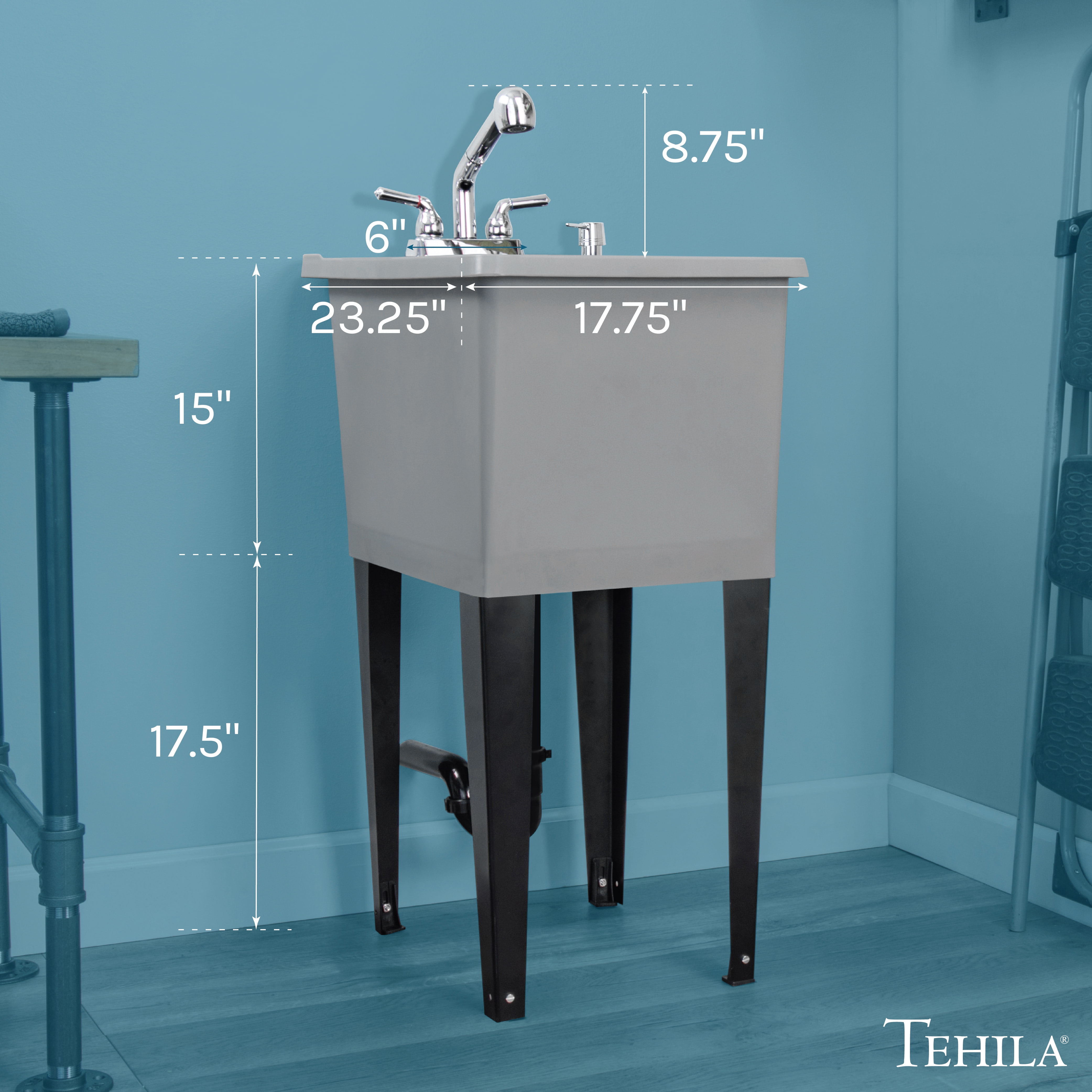 16 Gallon Grey Utility Sink Chrome Finish Pull-Out Faucet
