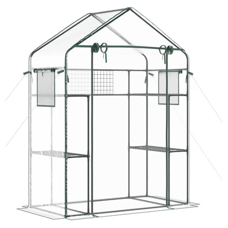 Walk-in Greenhouse Outdoor, Portable Mini Garden Greenhouse with Shelves & Trellis, 3 Tier 6 Shelf Plant Nursery with Mesh Door & Windows Clear   Plastic