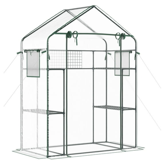 Walk-in Greenhouse, Portable Outdoor Garden Green House with Shelves & Trellis - Mini Plant Nursery for Vegetables, Flowers, Seedlings - Mesh Door & Windows Clear   Plastic