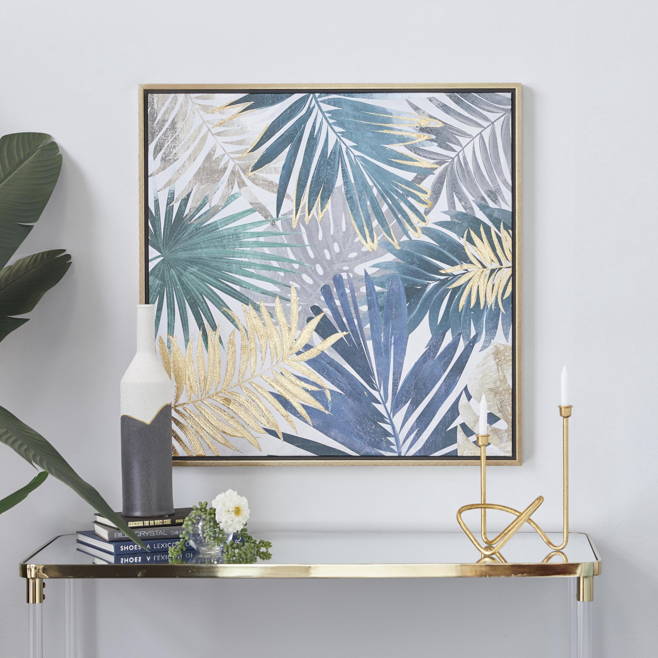 32" x 32" Tropical Leaf Framed Wall Art with Gold Frame, by DecMode