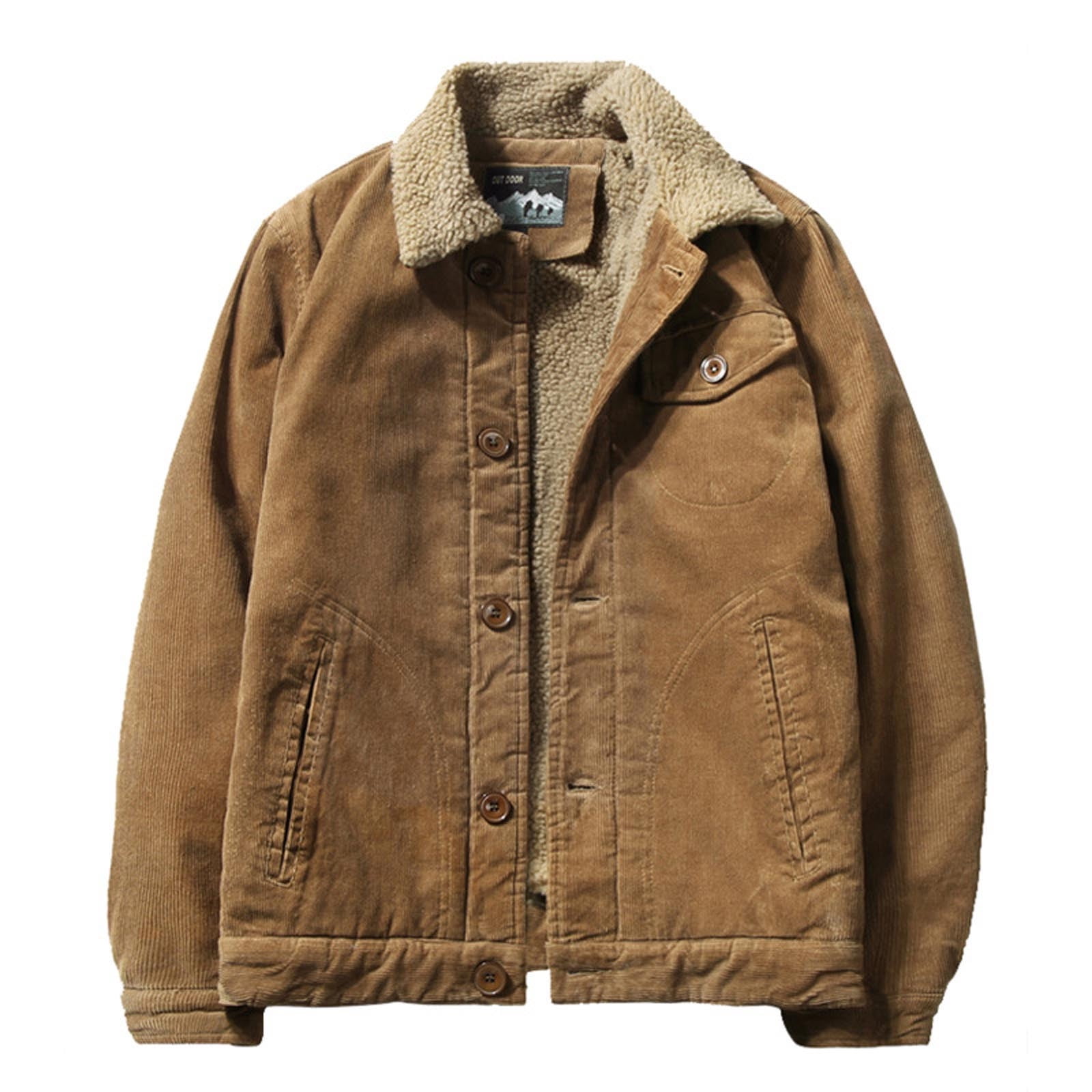Oralidera Heren Sherpa Gevoerde Corduroy Trucker Jas Winter Retro Gewatteerde Auto Jas Lange Mouw Knopop Cord Jas, Kaki, M