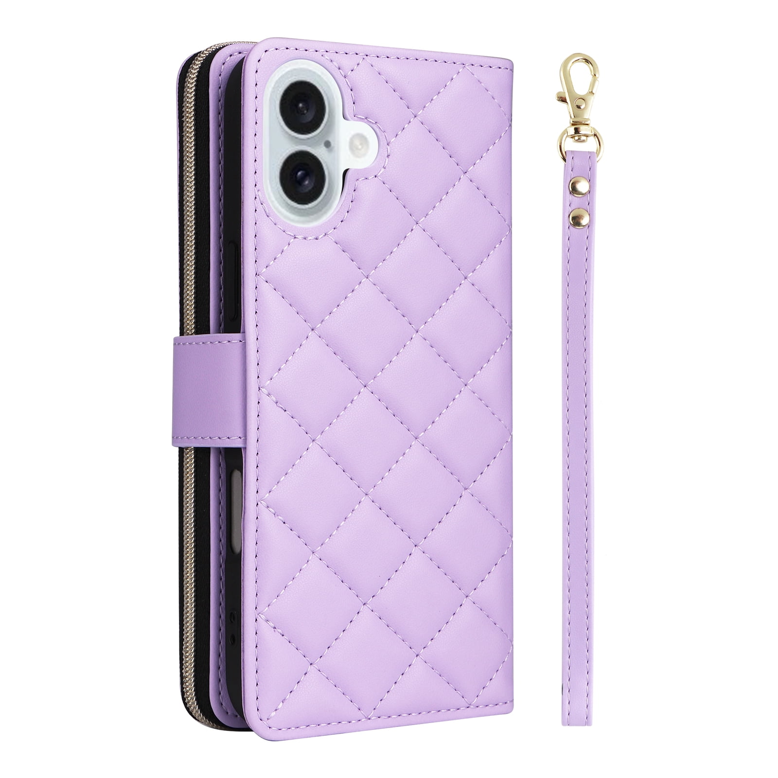 Allytechgroup Case for iPhone 16 with Credit Card Slot, Built-in Shoulder Strap Lanyard PU Leather Wallet Flip Stand Case Full Body Shockproof Protective for iPhone 16, Purple