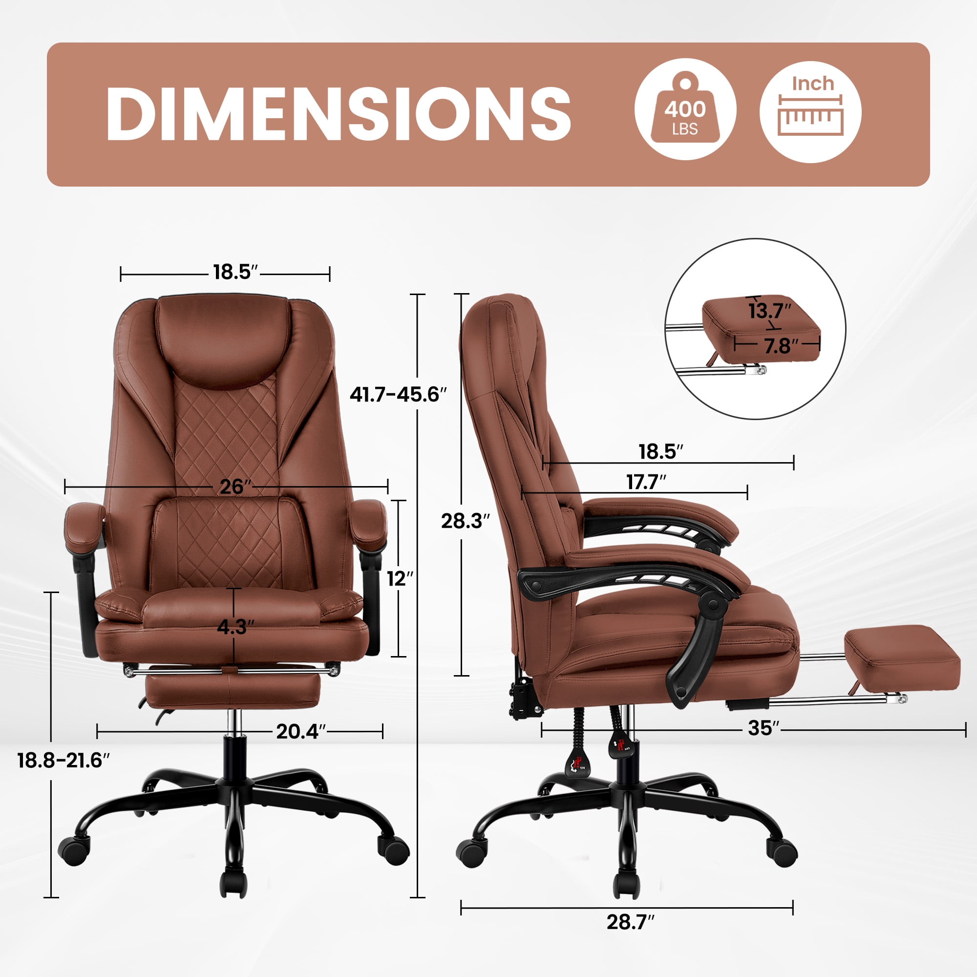 COOLHUT Executive Office Chair, Big and Tall Office Chair with Footrest Reclining Faux Leather Chair High Back Lumbar Support Ergonomic Office Chair with Padded Armrests, Brown