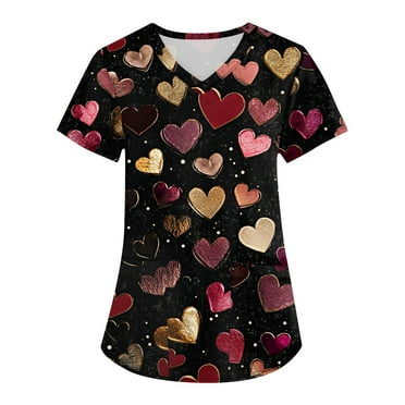 LISTHA Valentines Day Scrub Top V Neck Love Letter Print Cute Valentine's Day Print Short Sleeve Workwear with Pockets Black 2XL
