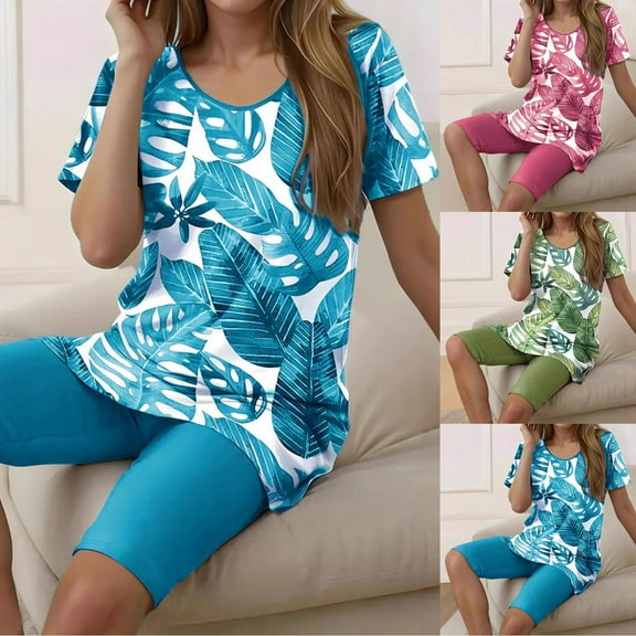 Yteetum Two Piece Outfits for Women Plus Size Set Printed Round Neck Short Sleeved Shirts and Loose Shorts Matching Sets Summer Casual Crew Neck T Shirts and Shorts 2 Sets