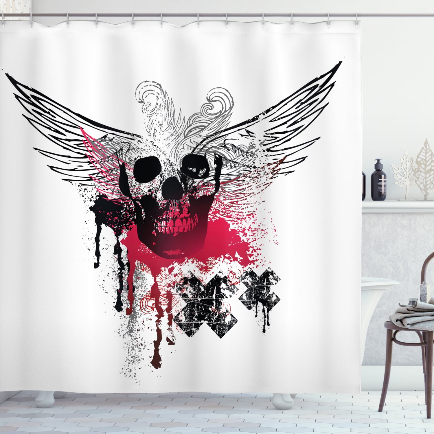 72X72" Aggressive Skull Shower Curtain Set Waterproof Fabric Bathroom Curtain 