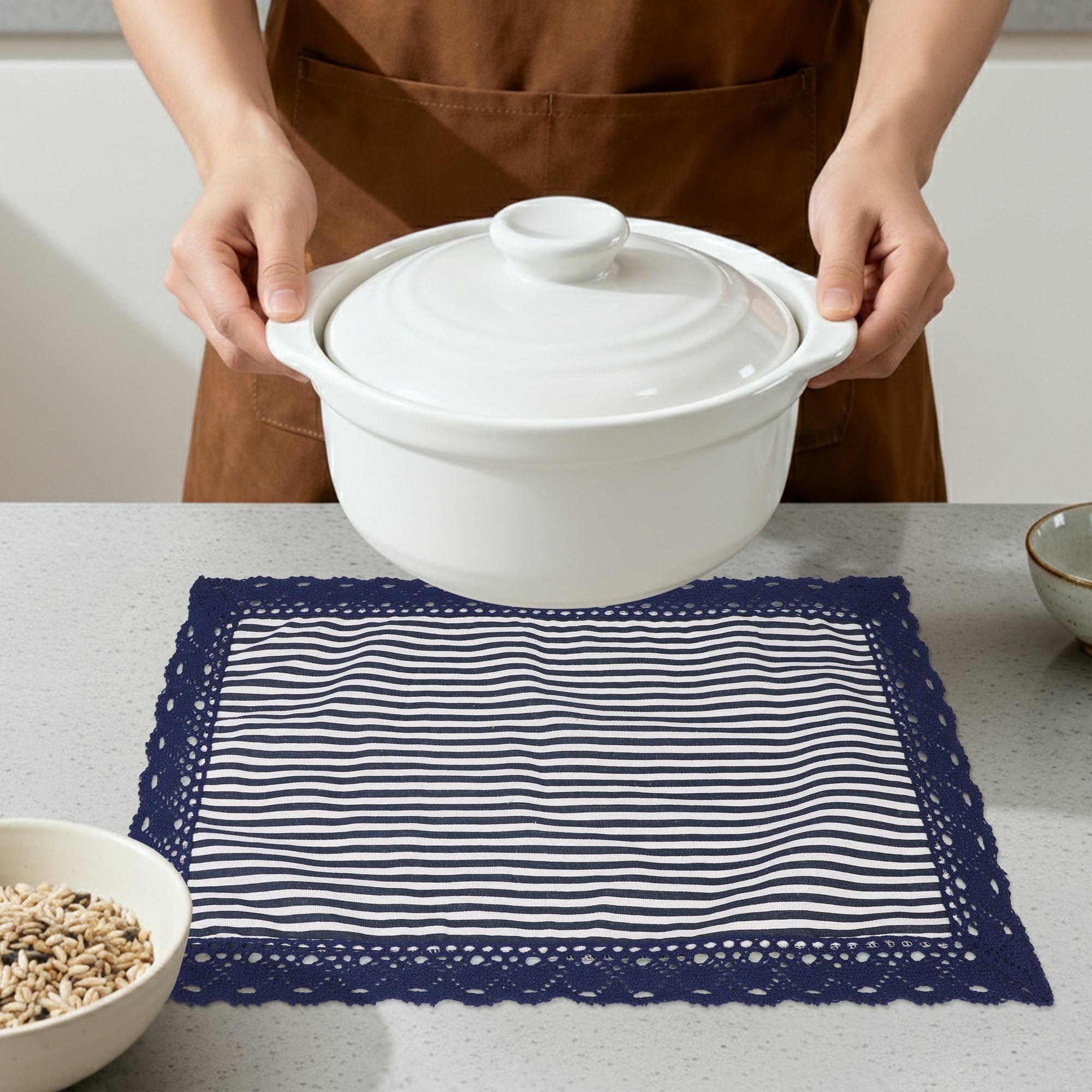 Unique Bargains Set of 6 Rustic Washable Table Mat Placemats with Lace Trim Blue