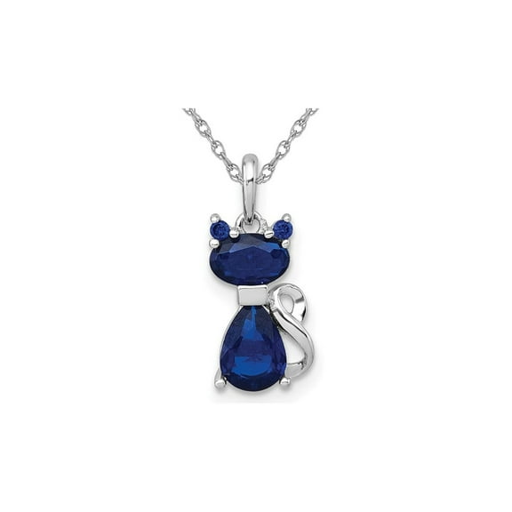 Lab-Created Sapphire Cat Charm Pendant Necklace in Sterling Silver with Chain for Women