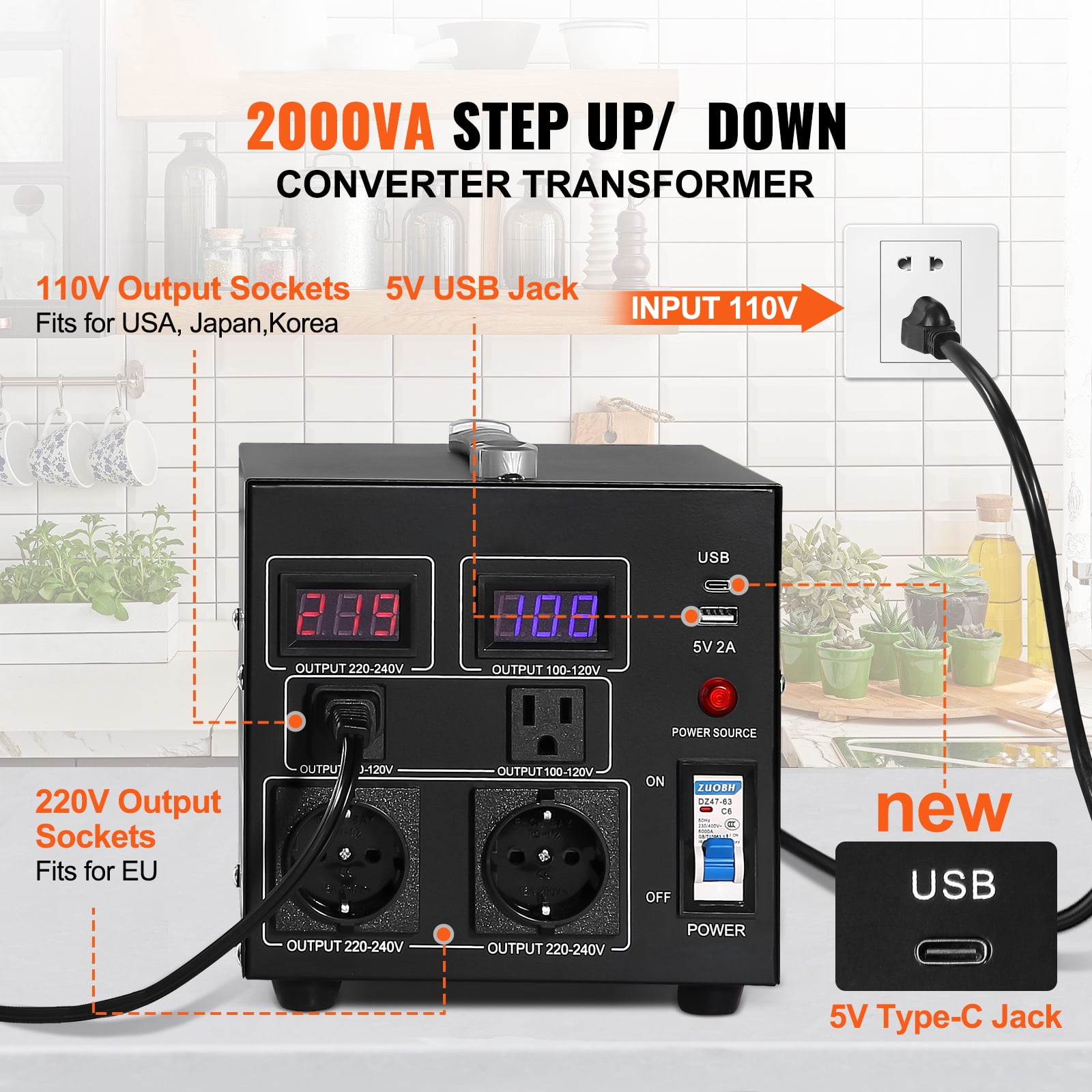 KFFKFF Power Converter, 2000W, Durable Step Up/Down Unit, Switches between 110V and 220V, Includes US and EU Outlets plus 5V USB Port, CE Approved