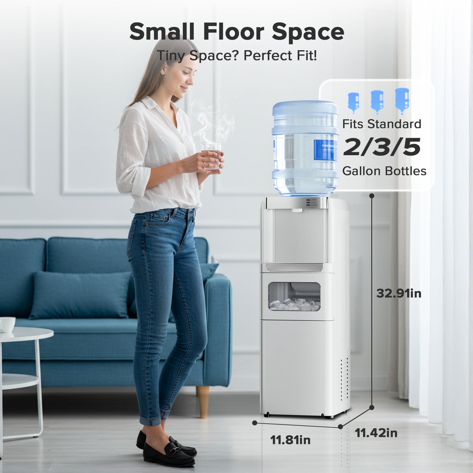LHRIVER 5 GallonTop Loading Water Dispenser & Ice Maker, 3-in-1 Hot/Cold/Ice, Child Lock & Energy-efficient, for Home/Office, White