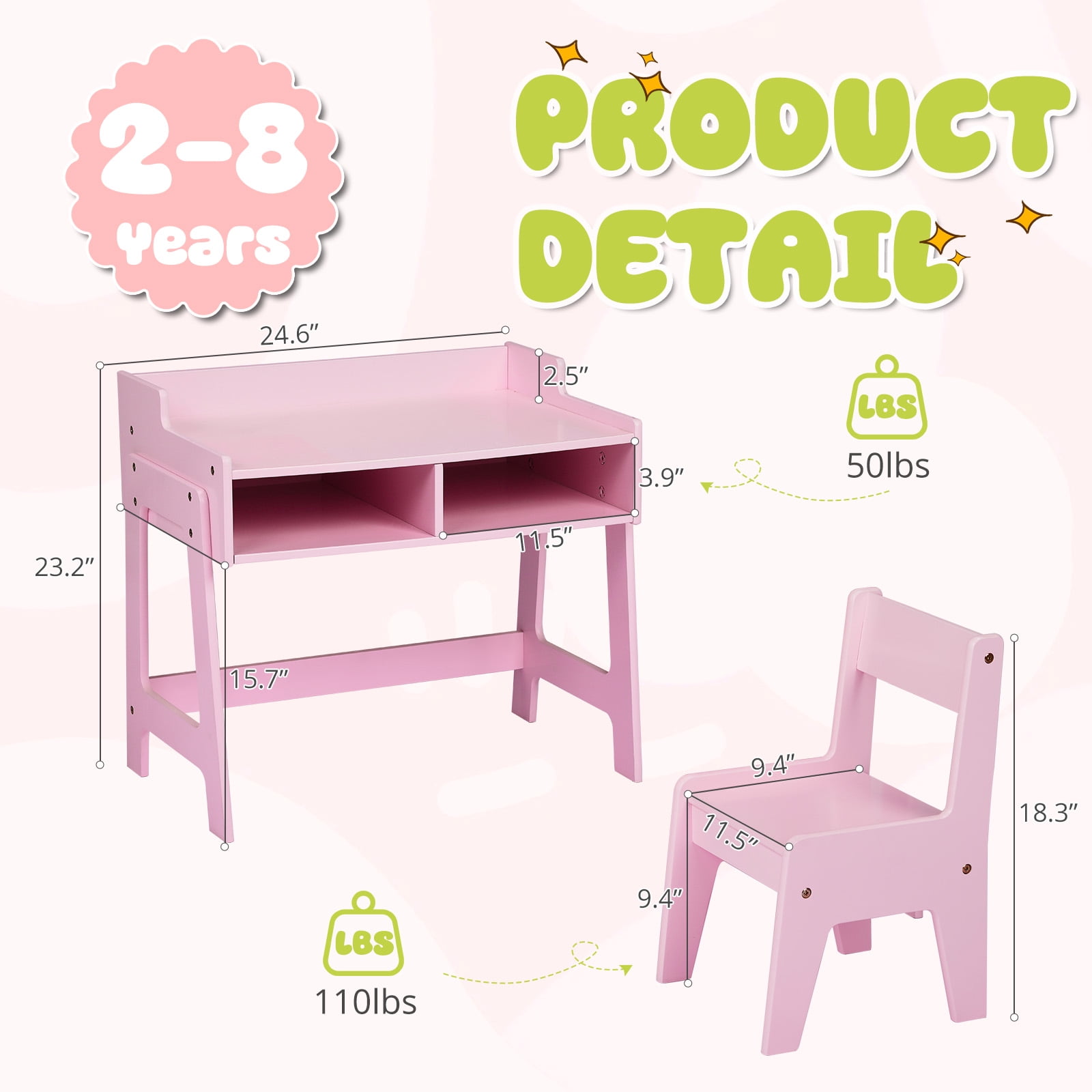 GoDecor Kids Study Desk and Chair set, Children Learning Table with 2 Storage Draws, Small Toddler Desk for Home School, Pink