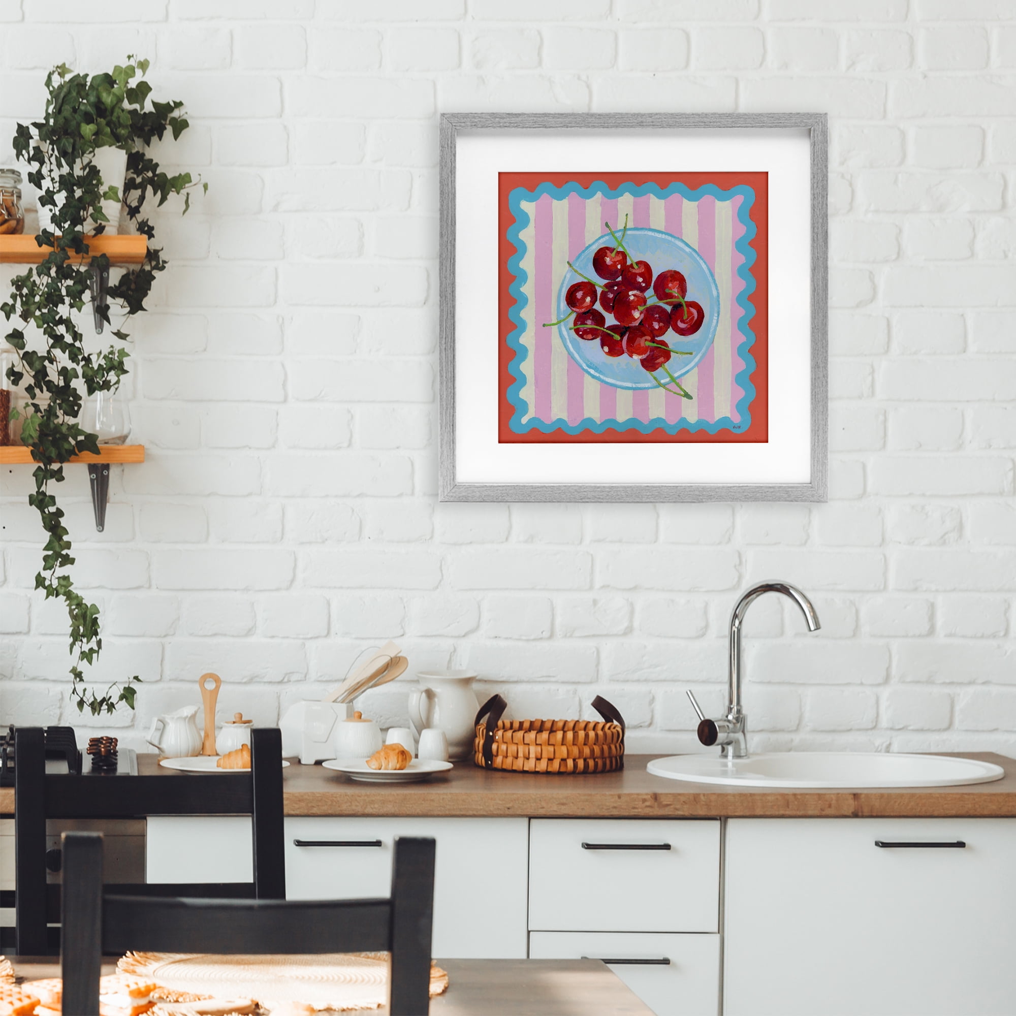Stupell Industries Red Cherries over Pink Stripes Gray Framed Print Under Glass, design by Rachael Reese