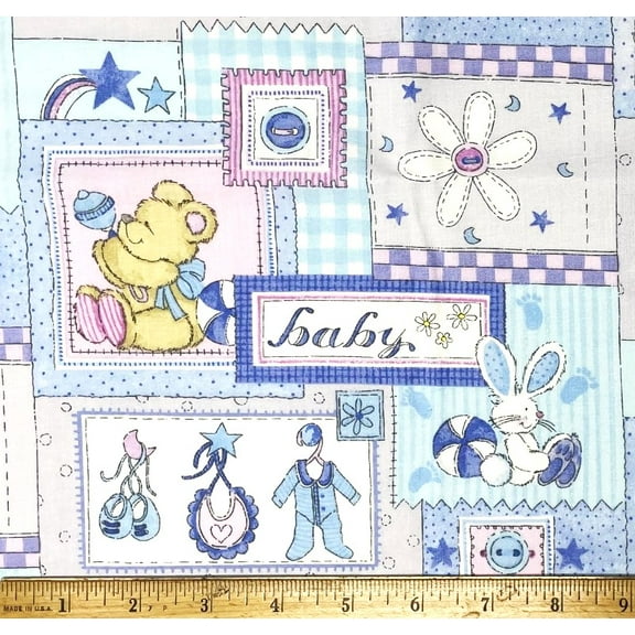 1 Fat Quarter - Baby Bear Blue & Pink Patch Nursery Cotton Fabric - 21" X 18"
