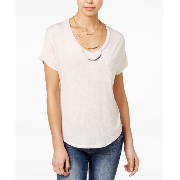Belle du Jour Juniors' V-Neck High-Low T-Shirt with Necklace (Heather Oatmeal, XS)