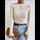 thumbnail image 5 of Tops de Punto Gofre para Mujer, Camisas de Larga, Camisetas Informales Ajustadas con Cuello Redondo, Jerséis Albaricoque M, 5 of 9