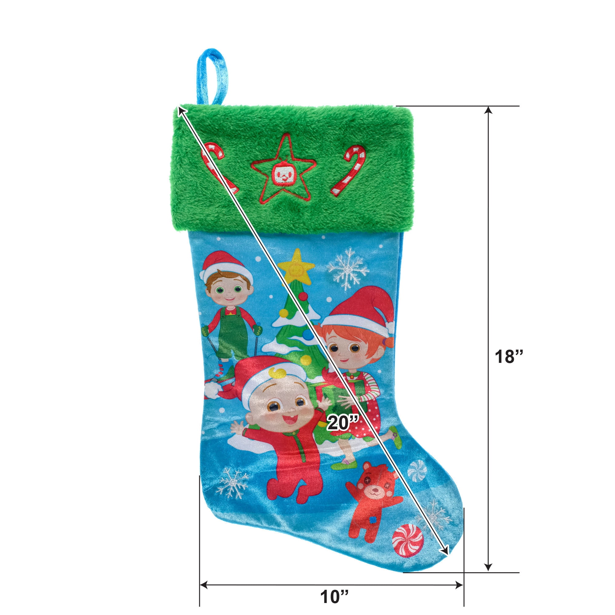 CoComelon JJ, YoYo and TomTom 20 inch Tall Christmas Stocking, Blue, Green, Multi-Color