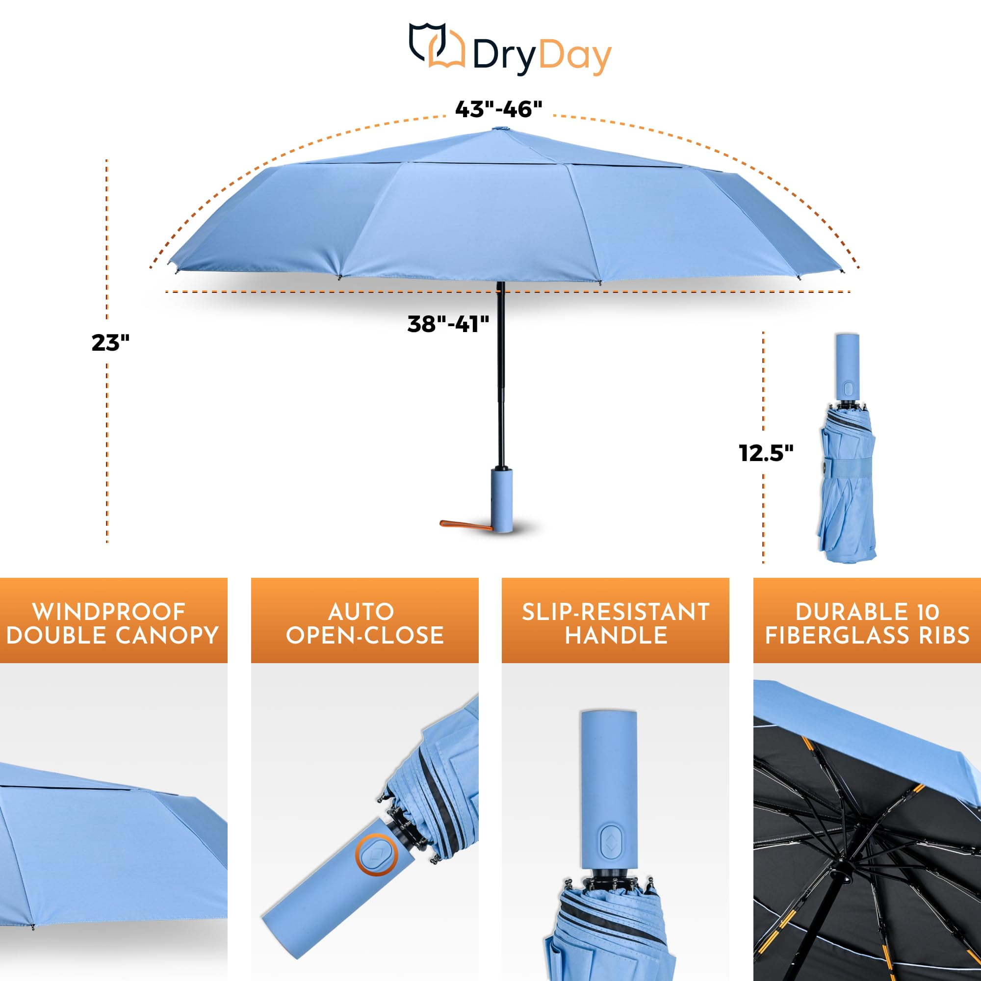 DryDay 43" Travel Umbrellas for Rain - Large Windproof Double Canopy Umbrella, 10 Durable Ribs, Strong Frame, Auto Open Close Ergonomic Handle, Compact Waterproof Umbrella for Women & Men, Pale Blue