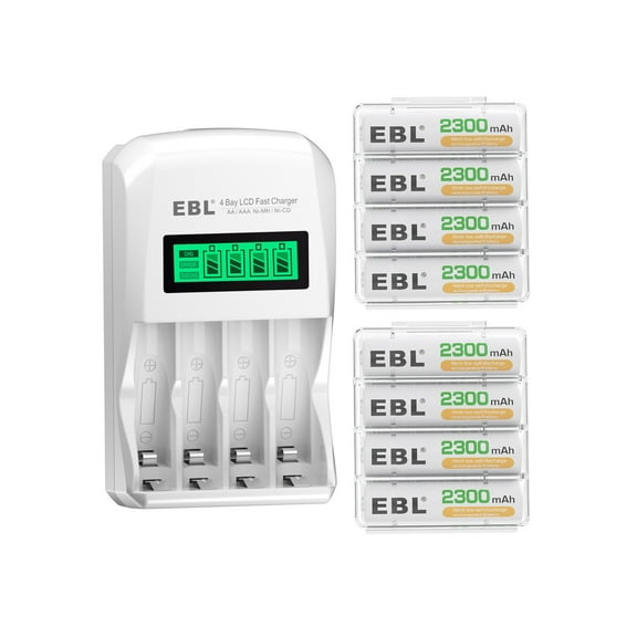 EBL Rechargeable AA Batteries with LCD Battery Charger, 8 Pack of 2300mAh High Capacity Ni-MH AA Rechargeable Battery and Smart Independent Solt Battery Charger