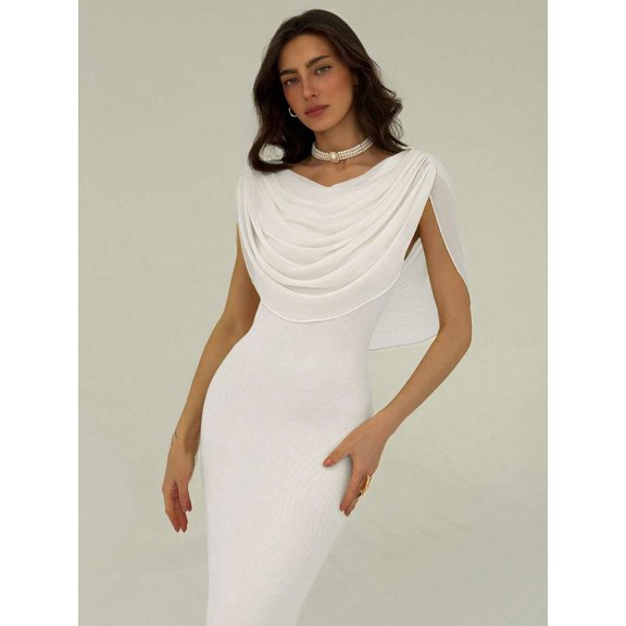 Women White Cowl Neck Drape Fit And Flare Maxi Dress
