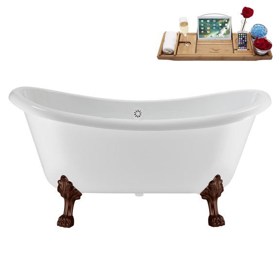 59" Streamline N4880ORB-WH Soaking Clawfoot Tub and Tray With External Drain in Glossy White and Matte Oil Rubbed Bronze Clawfeet