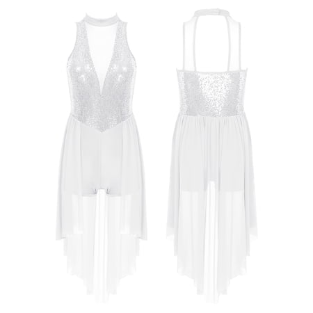 Aiihoo Shiny Sequins Lyrical Dance Dress Modern Contemporary High-Low Skirted Leotard Dancewear for Women White XL