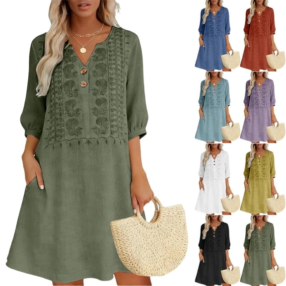 HAJWOH Women's Floral Embroidered Cotton Linen Maxi Boho Dress Short Sleeve V Neck Dresses Summer Flowy Beach Sundress